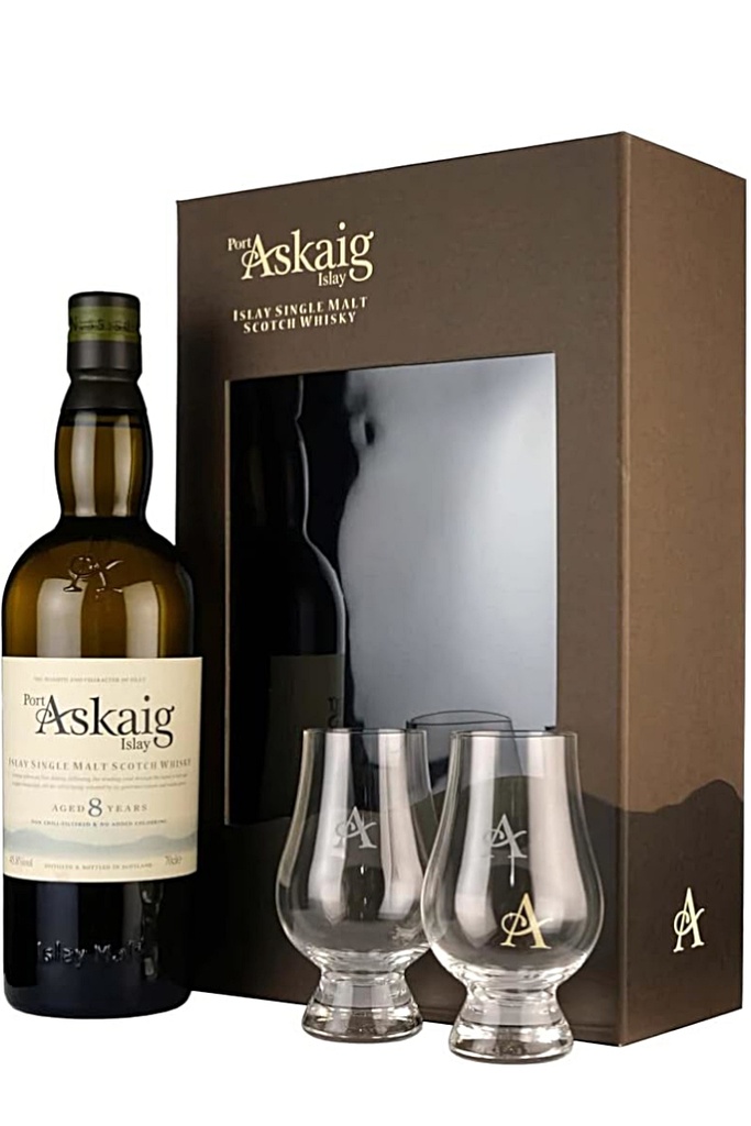 PACK PORT ASKAIG SINGLE MALT 8 YEARS + 2 COPAS GLENCAIRN